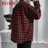 Ruihuoカジュアルレッドブラックチェック柄シャツ男性スリムフィットコットン男性長袖シャツブランドプラスサイズM-5XL Spring 210721