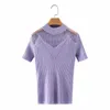 Estate Donna Hollow Mesh Cloth Splicing T-shirt lavorata a maglia Casual femminile manica corta Slim Top T1501 210430