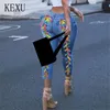 Kvinnors jeans kexu kvinnor regnbåge färg criss-cross snörning hål mantel elastisk hög midja lång blyerts denim pants gata byxor