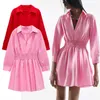 Za розовый мини рубашка платье женщины элегантный длинный рукав эластичный талию офис лайн летнее платье женщина мода поплин платья 210706