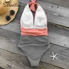 SEASELFIE Sexy Rosa und Streifen Halter Tiefem V-ausschnitt Badeanzug Frauen Gepolsterte Monokini Strand Badeanzug Bademode 210702