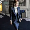 OL werk gestreept kantoor dame jurk suits 2 tweedelige sets elegante vrouwen blazer jas + mode-schede jurken femme trainingspak 210608