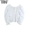 Женщины мода эластичный ударил вздохнутые подрезанные блузки старинные квадратные воротники фонарика женские рубашки шикарные вершины 210507
