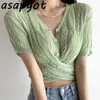 Top Tees Summer Thin Short Vita annodata Lace Up Scava fuori T-shirt sexy a maniche corte in maglia a maniche corte 210429