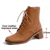 Meotina Real Leather Enkellaarzen Vrouwen Lederen Dikke Hoge Hak Korte Laarzen Lace Up Square Teen Shoes Dames Herfst 33-41 210608