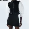 ZA Dames Vintage Puff Sleeve Patchwork Elastische Slanke Smok Blouse Office Dames Sweet Agaric Kant Chic Shirts Tops Hoge Kwaliteit 210510