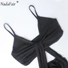 NADAFAIRスパゲッティストラップクラブ女性セクシーな夏のドレスRuched白黒背中のない中空アウトパーティーミニボディコンドレスY1006