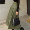 Primavera Cintura Alta Slim Saias Femininas Moda Coreana Cor Sólida Grande Swing Skirt Senhoras ArmyGreen Long Jupe 210510