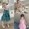 Meninas verão vestido suspender quadrado colarinho botons estilo coreano bebê bonito crianças roupas infantis roupas 210625