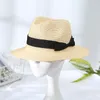 Women's Sun Hat Bucket Cap Ribbon Flat Top Straw Hats Beach Panama Women Brim Bowknot Outdoor