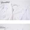 Yitimuceng بلوزة بيضاء النساء الكشكشة الدانتيل خليط قمصان نفخة الأكمام الخامس الرقبة الصلبة الملابس الصيف الكورية أزياء قمم 210601