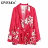 KPytomoa mulheres moda com cinto floral cópia blazer casaco vintage manga comprida welt bolsos feminino outerwear chique vestes 210930