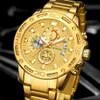 WWOOR Mode Herrklockor Toppmärke Lyx Guld Helstål Kvartsklocka Herr Vattentät Sport Chronograph Relogio Masculino 210329