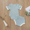 Baby Ribbed Clothes Boys Summer Clothing Set Candy Plain Article Pit Cotton Suit Girls Romper Triangle Pants 2Pieces Sets Bodysuit9400230