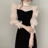 Koreanska Elegant See Through Mesh Patch Velvet Dress Women Puff Sleeve Vestidos Spring Chic Polka Dot Dresses 210519