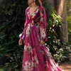 Moda Sonbahar Kadın Elbise Bohemian Çiçek Baskılı V Boyun Uzun Kollu Pileli Rahat Şifon Elbise Toptan Y0925