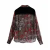 Бархатная пэчворк шифон блузка женская винтажная напечатанная полуфабриката с длинным рукавом верхняя женщина кнопка натуральные вершины 210519
