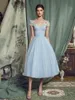 Light sky Blue Formal Evening Dresses Short Tea Length 2023 Lace-up Back A Line Prom Gowns Robe De Soiree Lace Appliques Special Occasion Dress Party Bride Reception