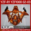 Motorcykel Fairings för Yamaha YZF R 1 1000 CC YZF-R1 YZFR1 02 03 Orange Metallic 00 01 Body 90NO.79 YZF1000 YZF R1 1000CC 2002 2003 2000 2001 YZF-1000 2000-2003 OEM Bodywork