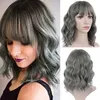 Real hair grey humain Wig with Bangs Short Bob Wavy silver gray for Women Natural human 14 inches 150%