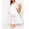 VÄRDE 2021 SUMMER BOHO Women Maxi Dress Half Sleeve Split White Lace Long Tunic Beach Dress 210320