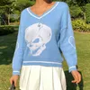 YICIYA 2020 Autumn Y2K Sweaters Skulls Pullovers V Neck Knitwear Loose Casual Knitted Tops Women Streetwear E-Girl Tops Blue X0721