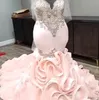 Casual Jurken Plus Size Mermaid Bridal Matest Pink off Shoulder Mouwloze Lange Organza Kralen Ruffles Robe de Mariée