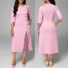 Apparel Plus Size Dresses Party Women Autumn Geometric Patchwork 3/4 Sleeve Midi Swing Dress Clothing