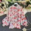 Lente Retro Temperament Floral Lantern Sleeve Chiffon Shirt Bowknot Stand Kraag Losse Dunne Top Dames C145 210507