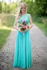 2021 Goedkope Turquoise Bruidsmeisjes Jurken Sheer Jewel Neck Lace Top Chiffon Long Country Bruidsmeisje Maid of Honour Wedding Guest Jurken