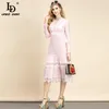 Mode Runway Summer Party Midi Dress Women V-Neck Lace Hollow Out Draped Pink Sweet Holiday Vestidos 210522