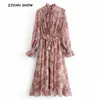 Spring Pink Flower print Long Sleeve Dress With Sashes Women Vintage Tide Bow Collar Ruffles Hem Dresses Femme Vestido 210429