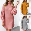 Automne Hiver Col Roulé Solide Wrap Hanche Pull Tricoté Robe Femmes Lanterne Manches Mince Streetwear Robe Décontractée Élégant Gris 210507