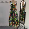 Fashion Designer dress Summer Women's Dress Spaghetti Strap High Waist Cactus Floral Print Cascading Ruffle Dresses 210524