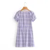 Женские летние винтажные платья сладостный свежий тонкий слойный рукав фиолетовый плед синеподнятый мини женский Vestido Mujer 210514