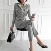 Comelsexy 패션 여성 세트 2 조각 한국어 스타일 기질 격자 무늬 정장 재킷 캐주얼 바지 2 조각 여성 210515
