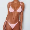 Trójkąt Biały Bikini Ribbed Koronki Kąpielowe Swimsuit Mujer Push Up Swimwear Różowy Bikinis Swimming Suit dla kobiet 210319