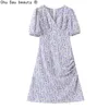 Летнее фиолетовый V-образным вырезом на груди, обернутая на груди высокая талия слоеная рукава A-Line платье женский тренд мода 210508