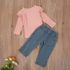1-6Y Autumn Winter Toddler Kid Girls Clothes Set Knitted Long Sleeve Ruffles Sweater Denim Pants Outfits 210515