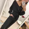 GIGOGOU Bling 2 Piece Sweater Tracksuits Women Harrem Pants + Double V Neck Pullover Set Autumn Winter Knitted Clothing 211105