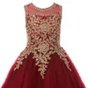 2021 Pretty Red Princess Appliques Sequins Flower Girl Dresses Tulle Lace Up Girls Pageant Gown Communion for Wedding Formal Party F01