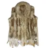 Real ladies Genuine Knitted Rabbit Fur Vest With Raccoon Trimming Waistcoat Winter Jacket harppihop fur 211122