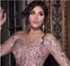 Evening dress Pink Lace Appliques Long sleeve Off shoulder Labourjoisie Ahlamalshamsi Youssef aljasmi Mermaid Long sleeve Crystal Long dress