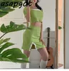 Tatlı Kızlar Taze Moda Setleri Dantel Patchwork Kare Boyun Kısa Kollu Tops Ince Mini Etek Yeşil Artı Boyutu Yaz Chic Korece 210429