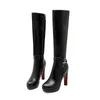 Bottes Faux cuir femmes mode tout match genou haute hiver plate-forme talon chaussures noir blanc abricot 2022
