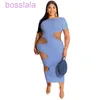 Women Plus Size Dresses 2022 Summer New Round Neck Hollow Out Long Skirt Fashion Solid Color Midi Dress