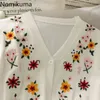 Nomikuma bloem borduurwerk vintage zomer cardigan vrouwen v-hals korte mouw single breasted tops chic casual retro ropa 210514