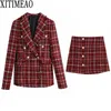 ZA Femmes Mode Double Boutonnage Tweed Check Blazers Manteau Vintage Femme Vêtements de dessus Taille Haute Jupe 2 pièces Ensemble 210602