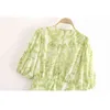 Casual Chic Green Tie-dyed Print Summer Women Midi Dress Holiday Style Deep V-neck Short Sleeve Dresses Female Vestidos 210508