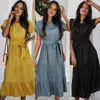 Sommer Verbandkleid Frauen Mode Schmetterling Ärmel Schärpe A-Line Midi Kleid Feste Hohe Taille Elegante Kleider Für Frauen 210521